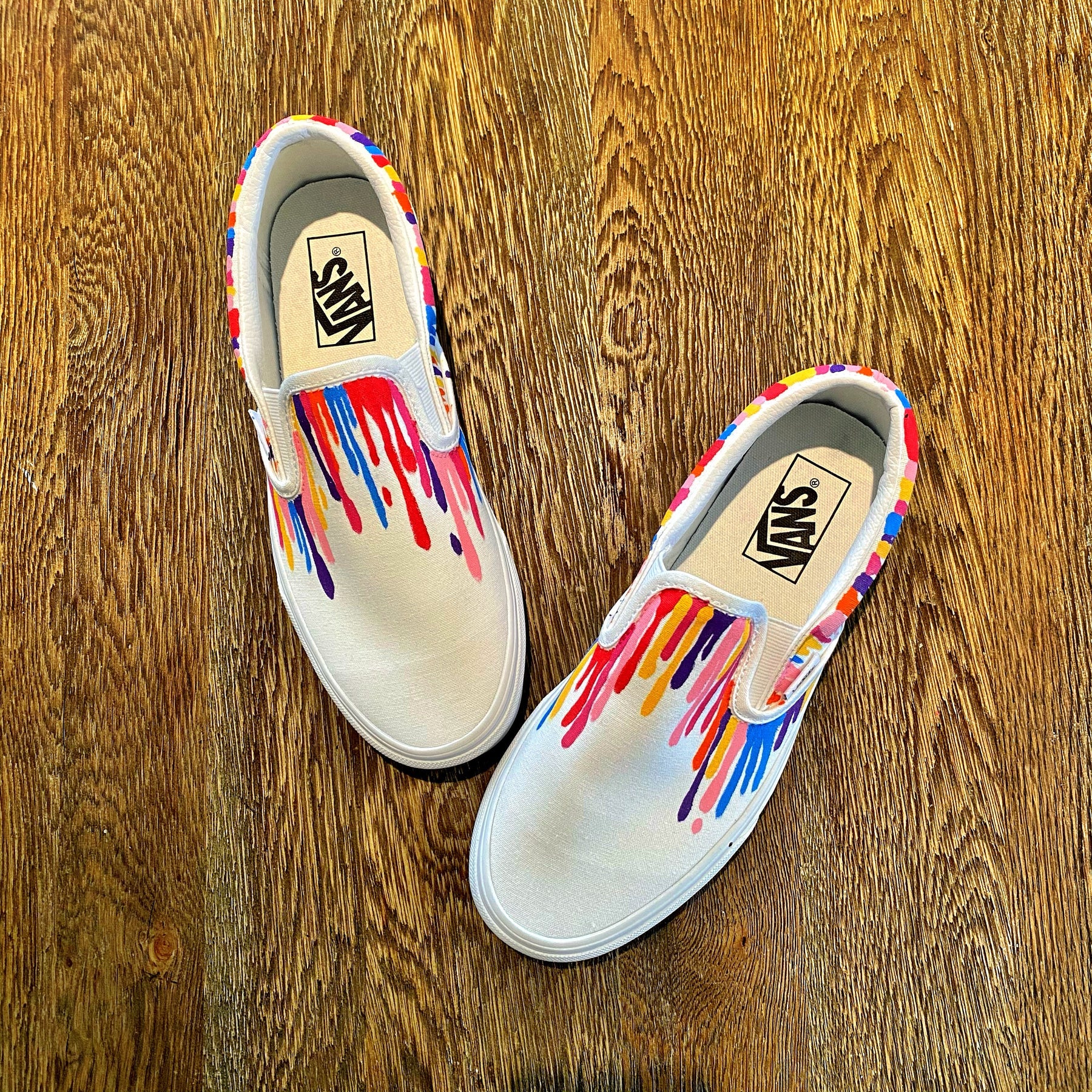 Painted on White Vans Classic Slip-On Assorted colors painted in heavy drip effect across entire sneaker. Signed @wrenandglory. 