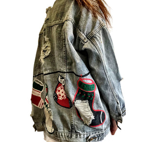 Medium blue denim wash. Christmas stockings painted across back, customized with the family member's name on each stocking. Amount of stocking depending on how many family members. Can fit up to 8 stockings. Please specify names above. Color and front pockets painted white. Signed @wrenandglory.