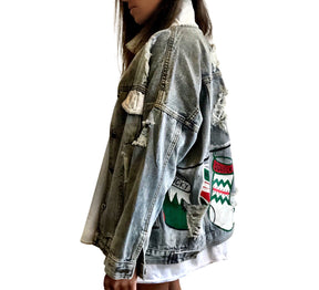 Medium blue denim wash. Christmas stockings painted across back, customized with the family member's name on each stocking. Amount of stocking depending on how many family members. Can fit up to 8 stockings. Please specify names above. Color and front pockets painted white. Signed @wrenandglory.