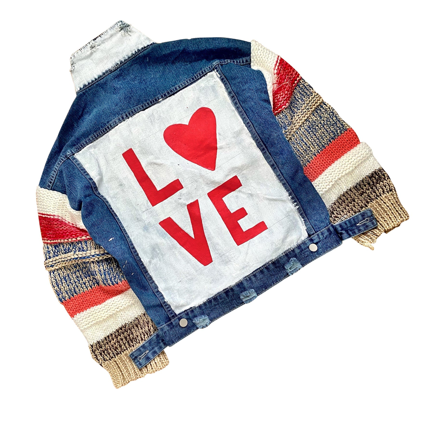 Dark blue denim jacket with  super comfortable knit sleeves. White base on back, with LOVE painted over in red, with a heart Signed @wrenandglory.