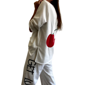 The perfect white sweatshirt & sweatpant loungewear set. Large cherries painted on back of sweatshirt, with GET LUCKY painted in black down leg of pant. Signed @wrenandglory on both top and bottom.