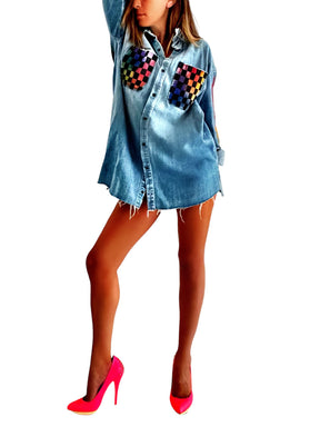 'Geo Waves' Denim Shirt Dress