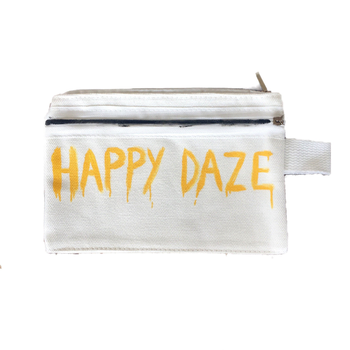 White canvas zippered pouch. Hand painted 'HAPPY DAZE' theme.