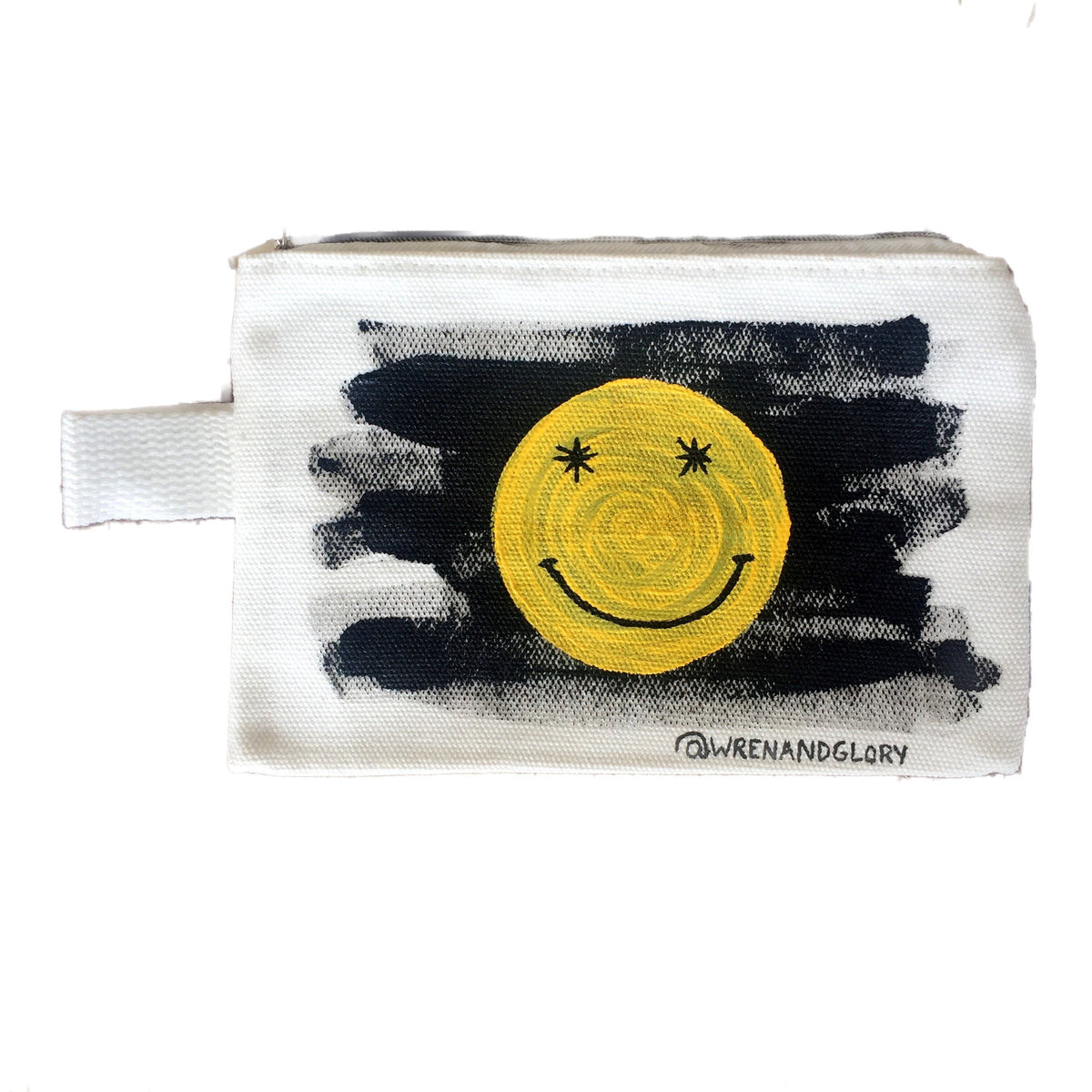 White canvas zippered pouch. Hand painted 'HAPPY DAZE' theme.