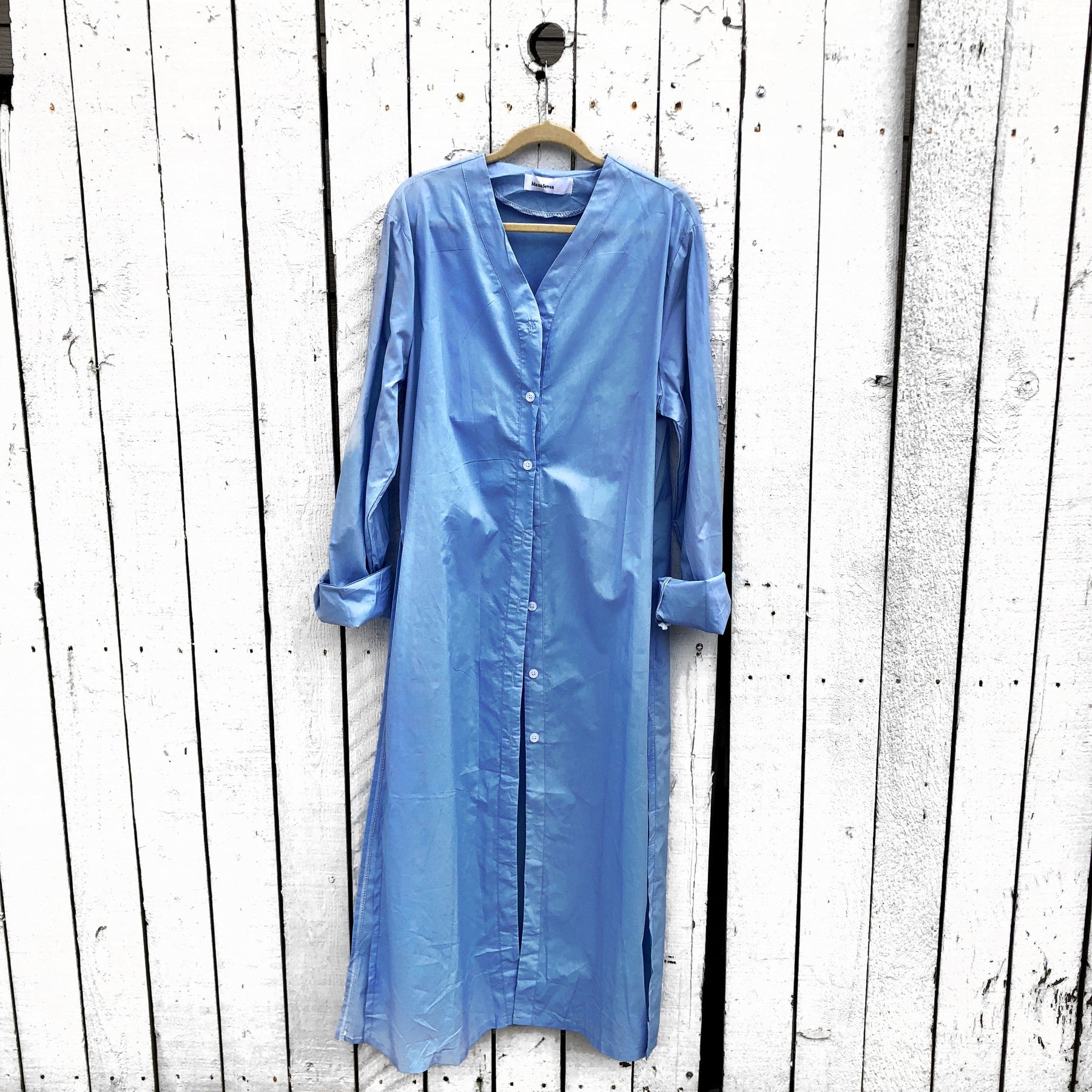 Slim fitting light blue shirt/dress, with belt. White heart with black painted drip. Can be worn as a shirt or a dress. Signed @wrenandglory.