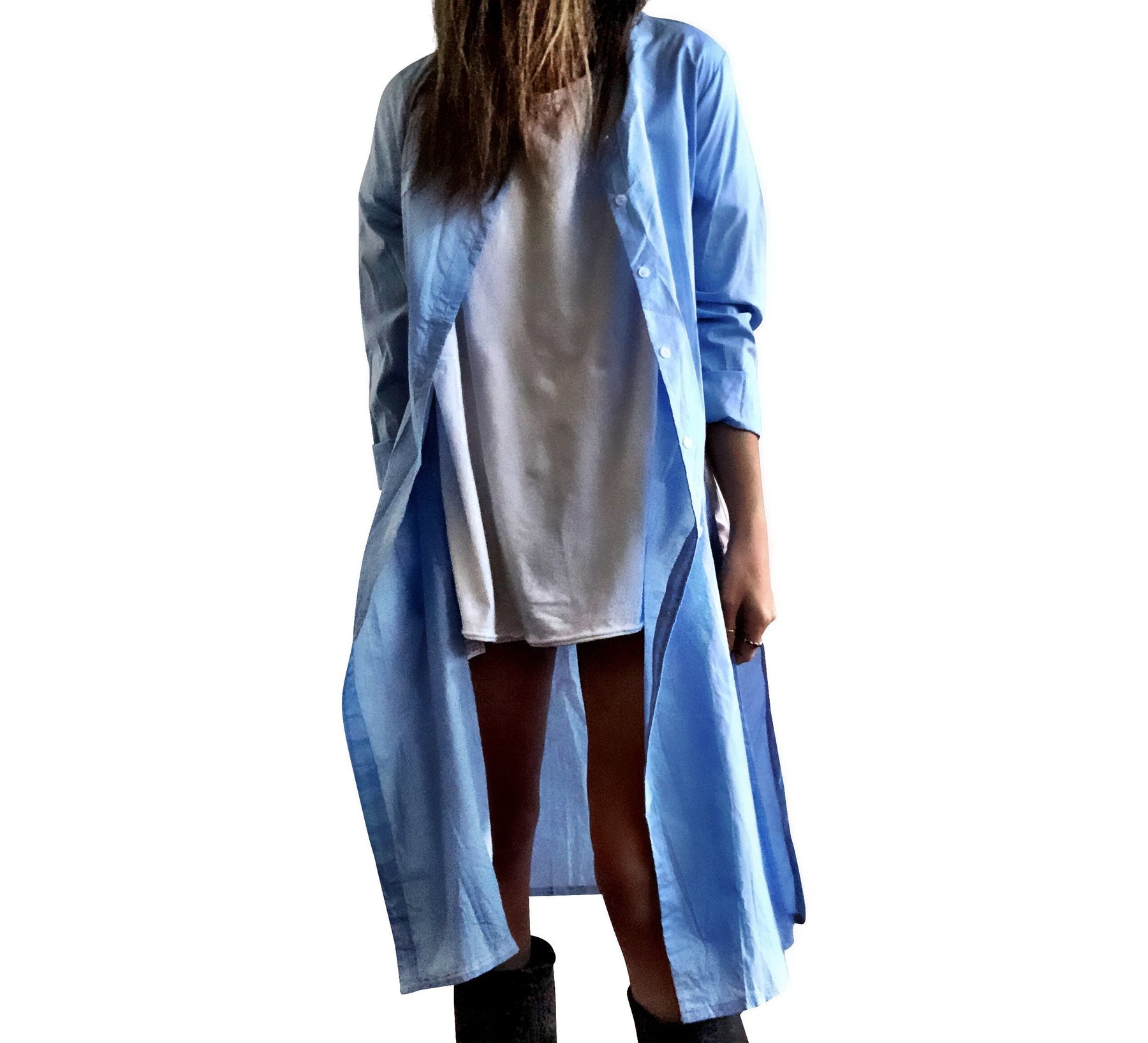 Slim fitting light blue shirt/dress, with belt. White heart with black painted drip. Can be worn as a shirt or a dress. Signed @wrenandglory.