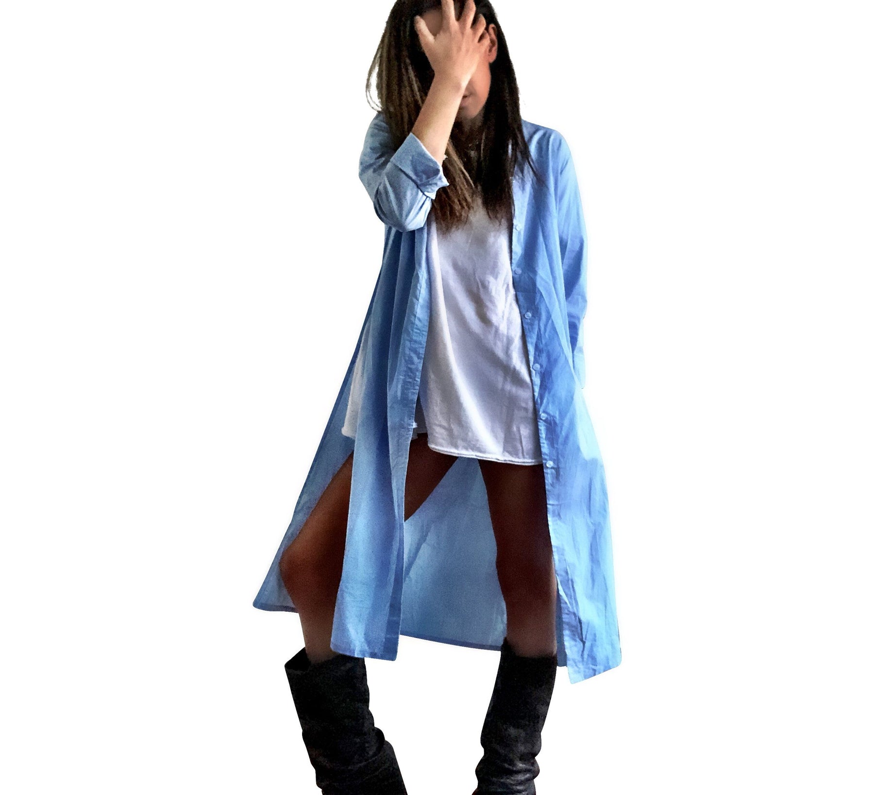 Slim fitting light blue shirt/dress, with belt. White heart with black painted drip. Can be worn as a shirt or a dress. Signed @wrenandglory.