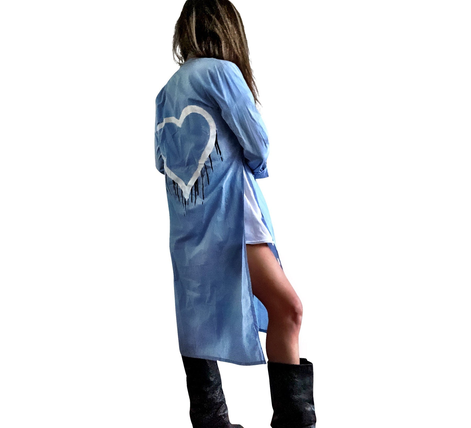 Slim fitting light blue shirt/dress, with belt. White heart with black painted drip. Can be worn as a shirt or a dress. Signed @wrenandglory.