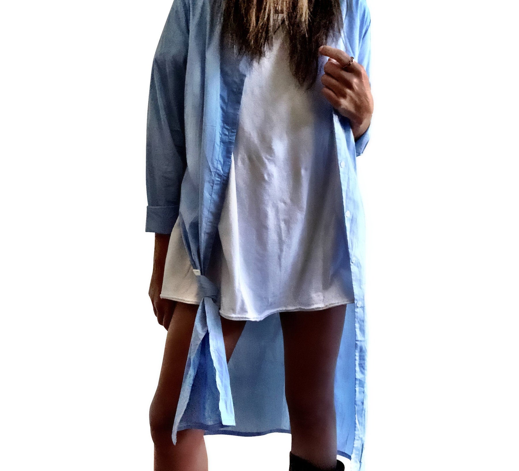 Slim fitting light blue shirt/dress, with belt. White heart with black painted drip. Can be worn as a shirt or a dress. Signed @wrenandglory.