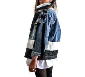 Darker blue denim with black velvet ribbons. White and black modern stripe on along entire bottom hem, collar and front pockets. Signed @wrenandglory.