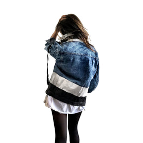 Darker blue denim with black velvet ribbons. White and black modern stripe on along entire bottom hem, collar and front pockets. Signed @wrenandglory.