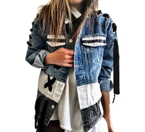 Darker blue denim with black velvet ribbons. White and black modern stripe on along entire bottom hem, collar and front pockets. Signed @wrenandglory.