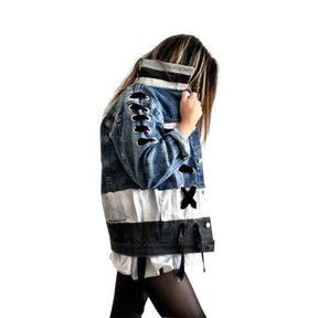 Darker blue denim with black velvet ribbons. White and black modern stripe on along entire bottom hem, collar and front pockets. Signed @wrenandglory.