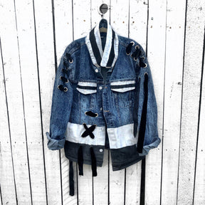 Darker blue denim with black velvet ribbons. White and black modern stripe on along entire bottom hem, collar and front pockets. Signed @wrenandglory.
