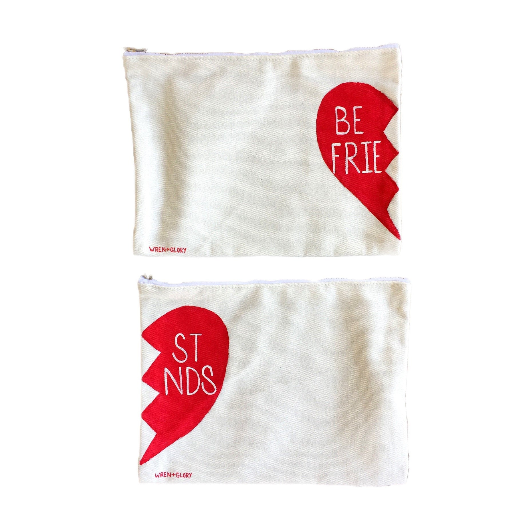 Set of 2 white denim zippered pouch Hand painted 'BEST FRIENDS' design. One for you, and one for your best friend
