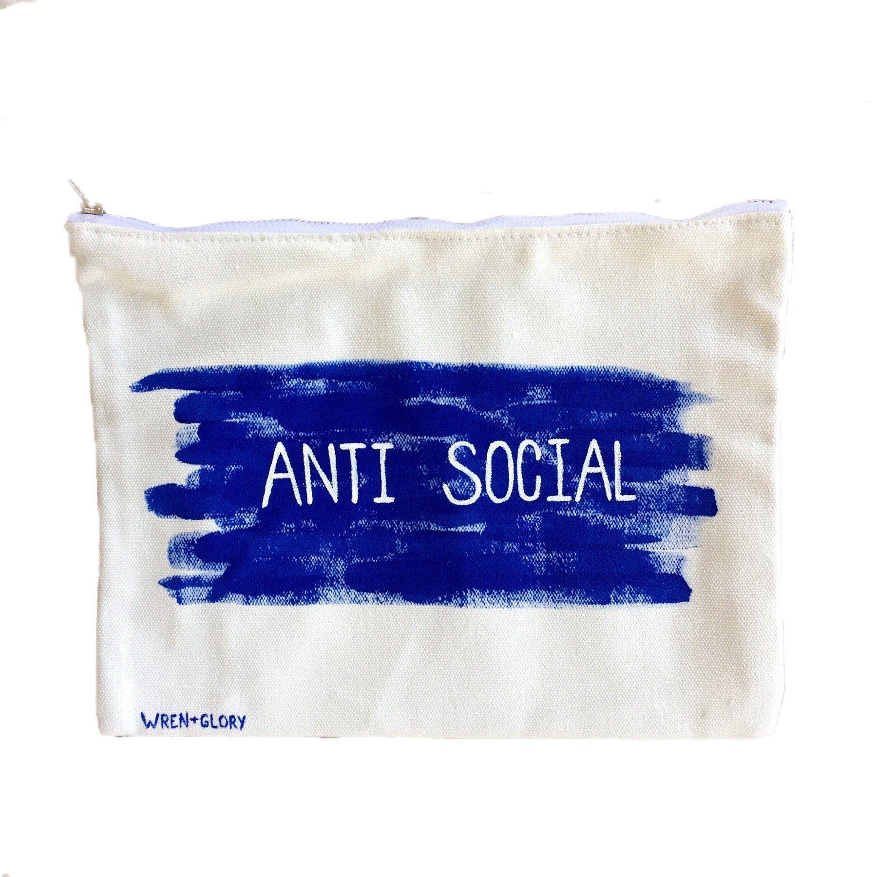 White denim zippered pouch. Hand painted 'ANTI SOCIAL' design. Signed @wrenandglory. 