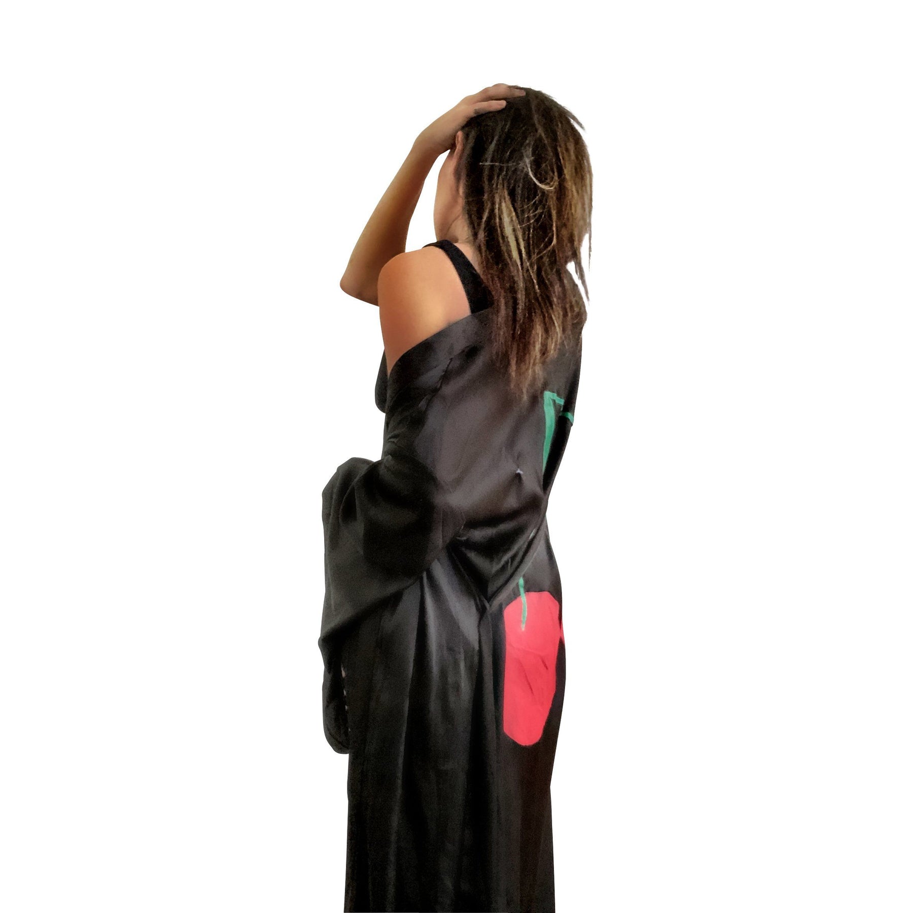 Black, super soft, satin long kimono robe. Pair of cherries painted in back in in red and green. Belted, with bell sleeves. Signed @wrenandglory.