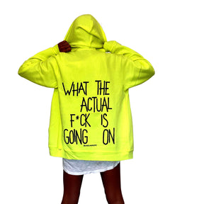 'WAIT WHAT' PAINTED ZIP UP HOODIE