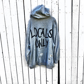 The perfect oversized, gray, distressed hoodie. LOCALS ONLY painted in back in with  NYC 2019 in small along edge of hood. Signed @wrenandglory.