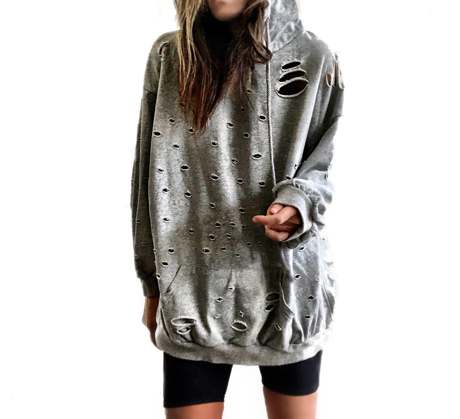 The perfect oversized, gray, distressed hoodie. LOCALS ONLY painted in back in with NYC 2019 in small along edge of hood. Signed @wrenandglory.