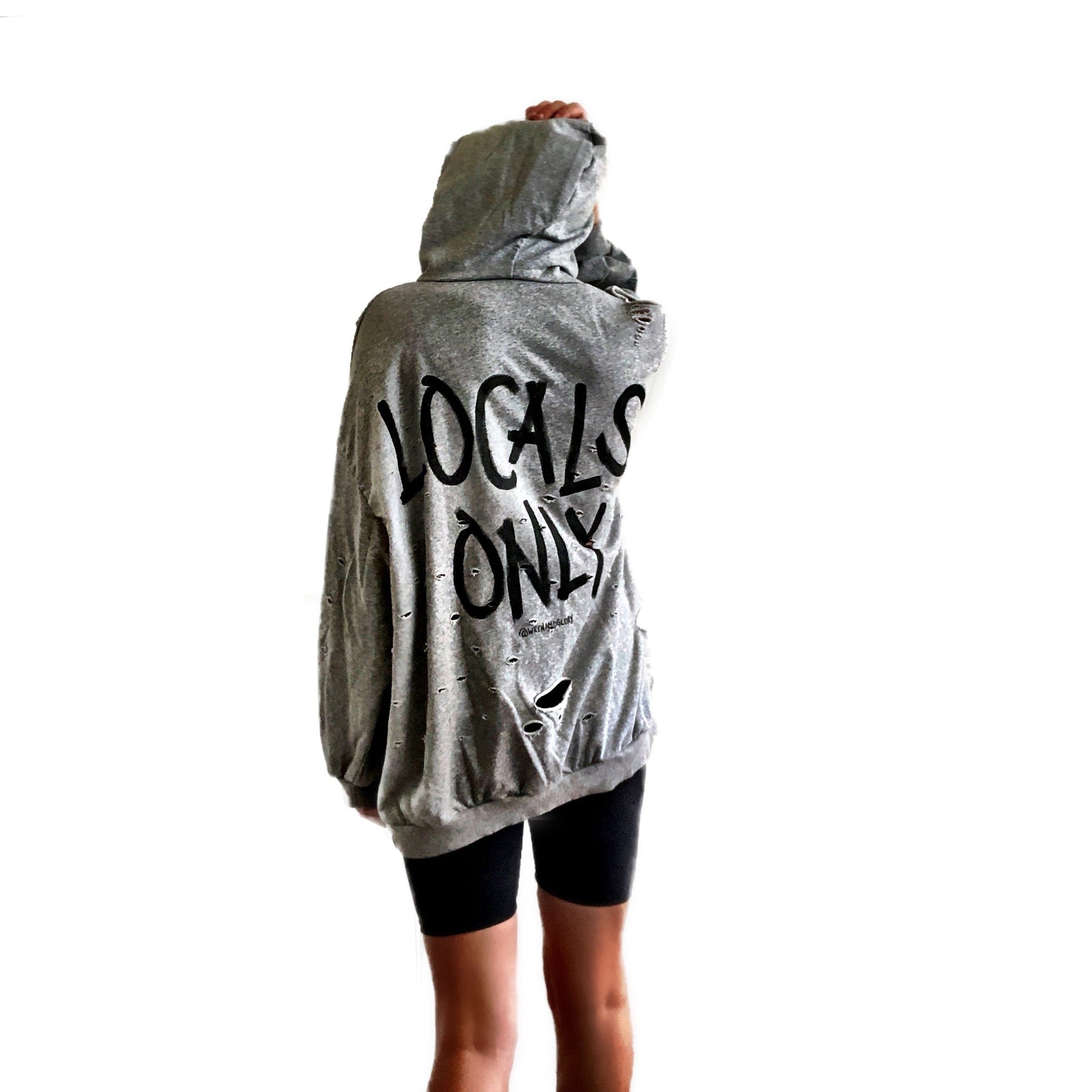 The perfect oversized, gray, distressed hoodie. LOCALS ONLY painted in back in with NYC 2019 in small along edge of hood. Signed @wrenandglory.